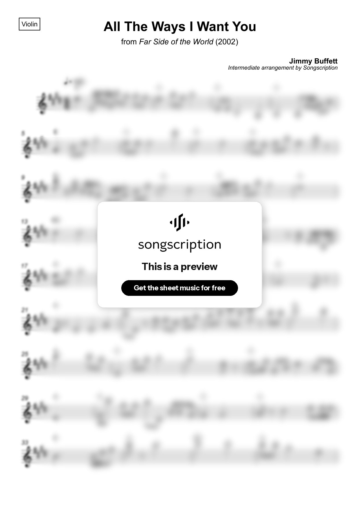 Intermediate Violin Sheet Music for "All The Ways I Want You" by Jimmy Buffett