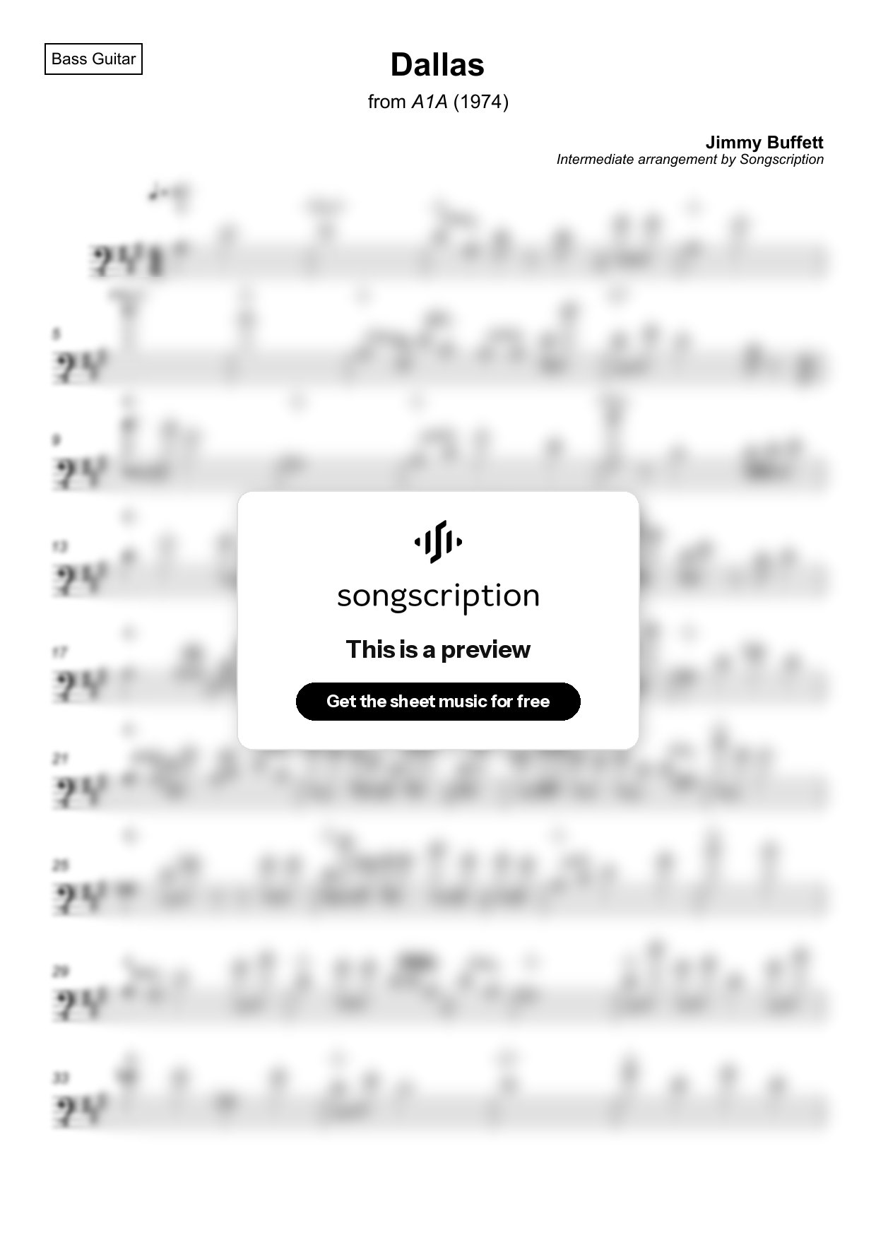 Intermediate Bass Guitar Sheet Music for "Dallas" by Jimmy Buffett