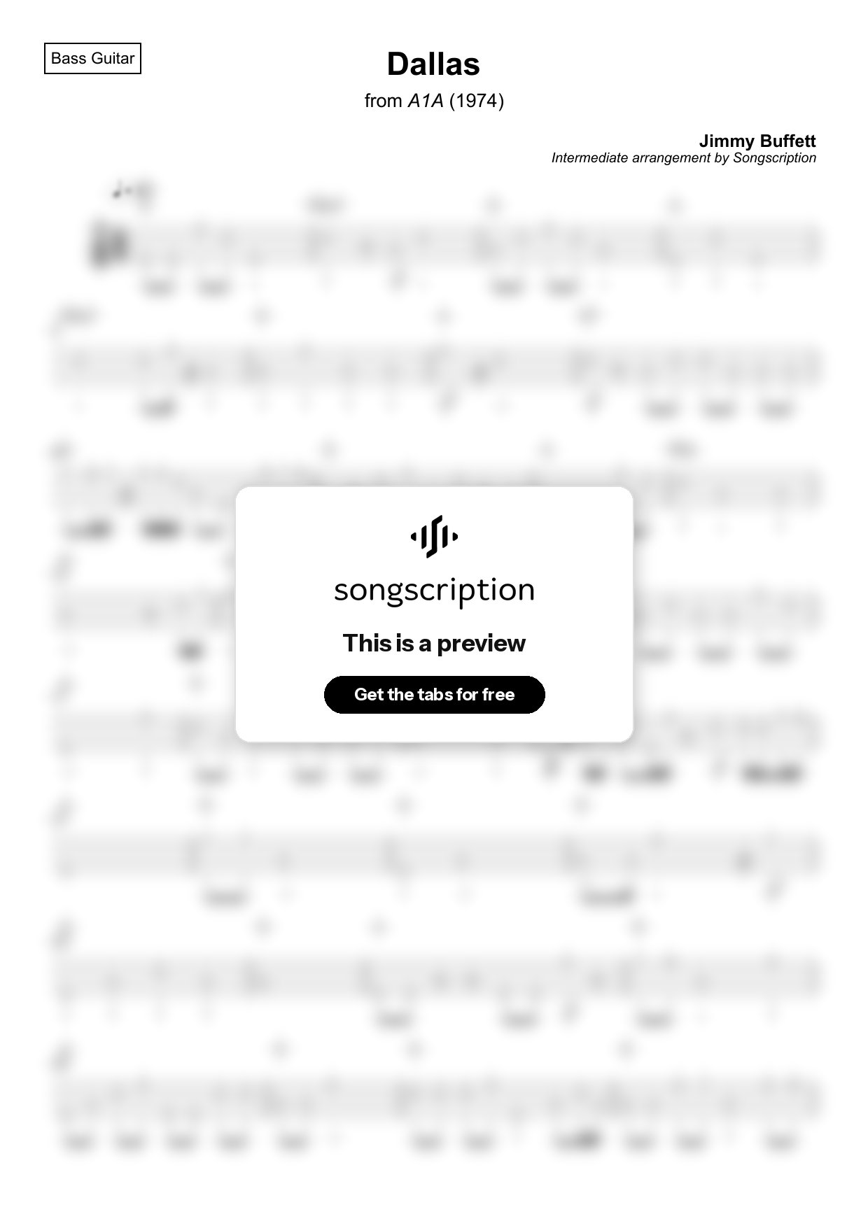 Intermediate Bass Guitar Tabs for "Dallas" by Jimmy Buffett