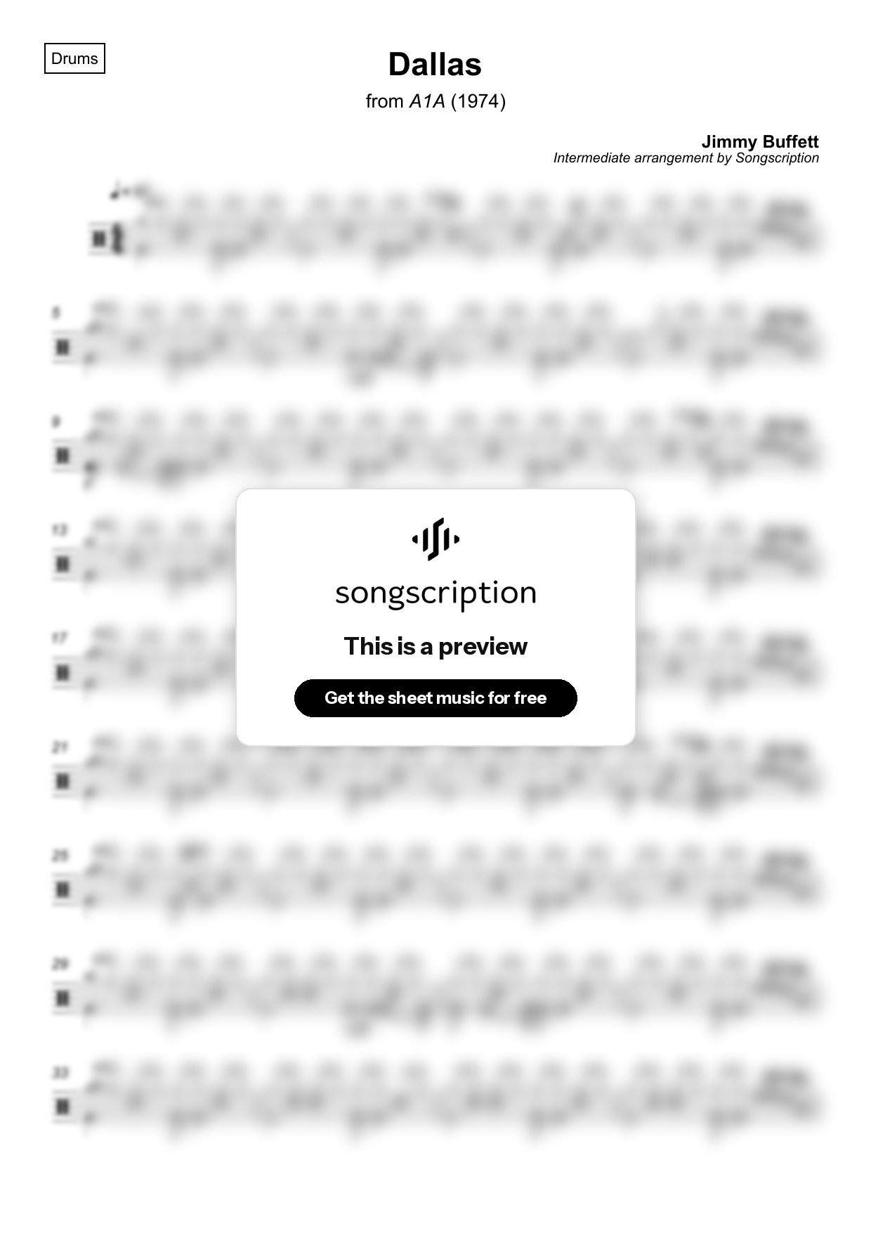 Intermediate Drums Sheet Music for "Dallas" by Jimmy Buffett