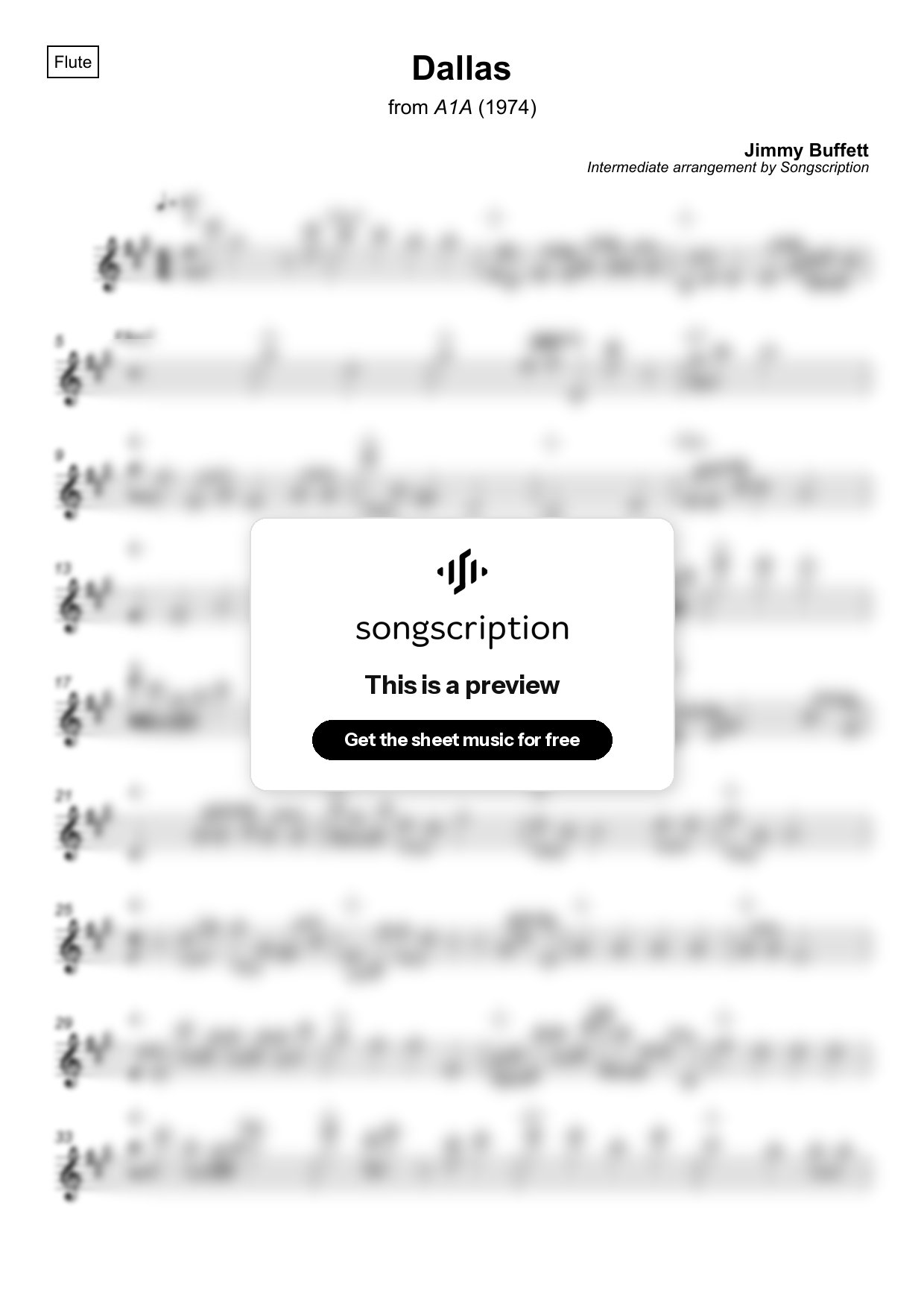 Intermediate Flute Sheet Music for "Dallas" by Jimmy Buffett