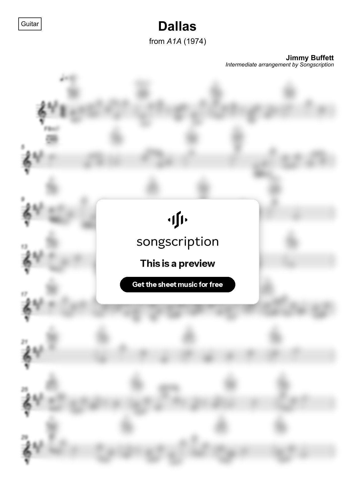 Intermediate Acoustic Guitar Sheet Music for "Dallas" by Jimmy Buffett