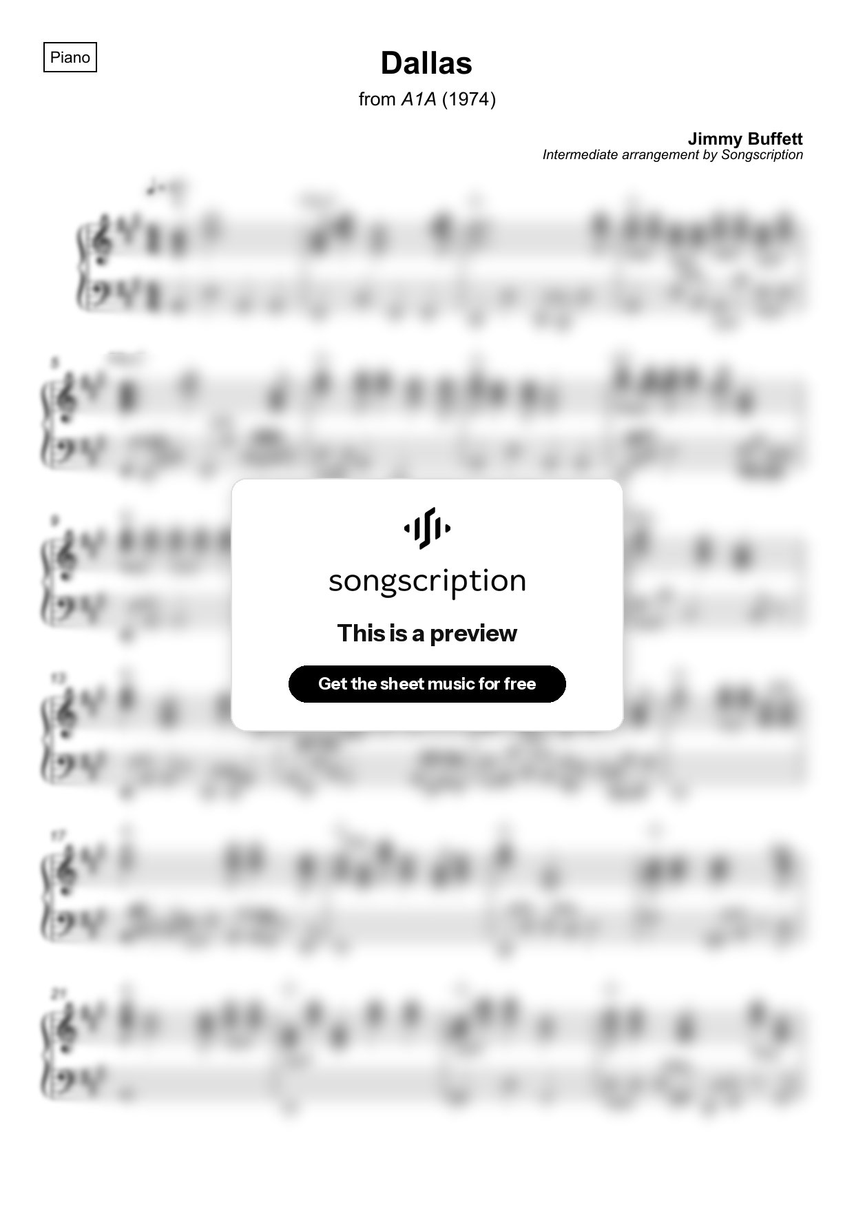 Intermediate Piano Sheet Music for "Dallas" by Jimmy Buffett