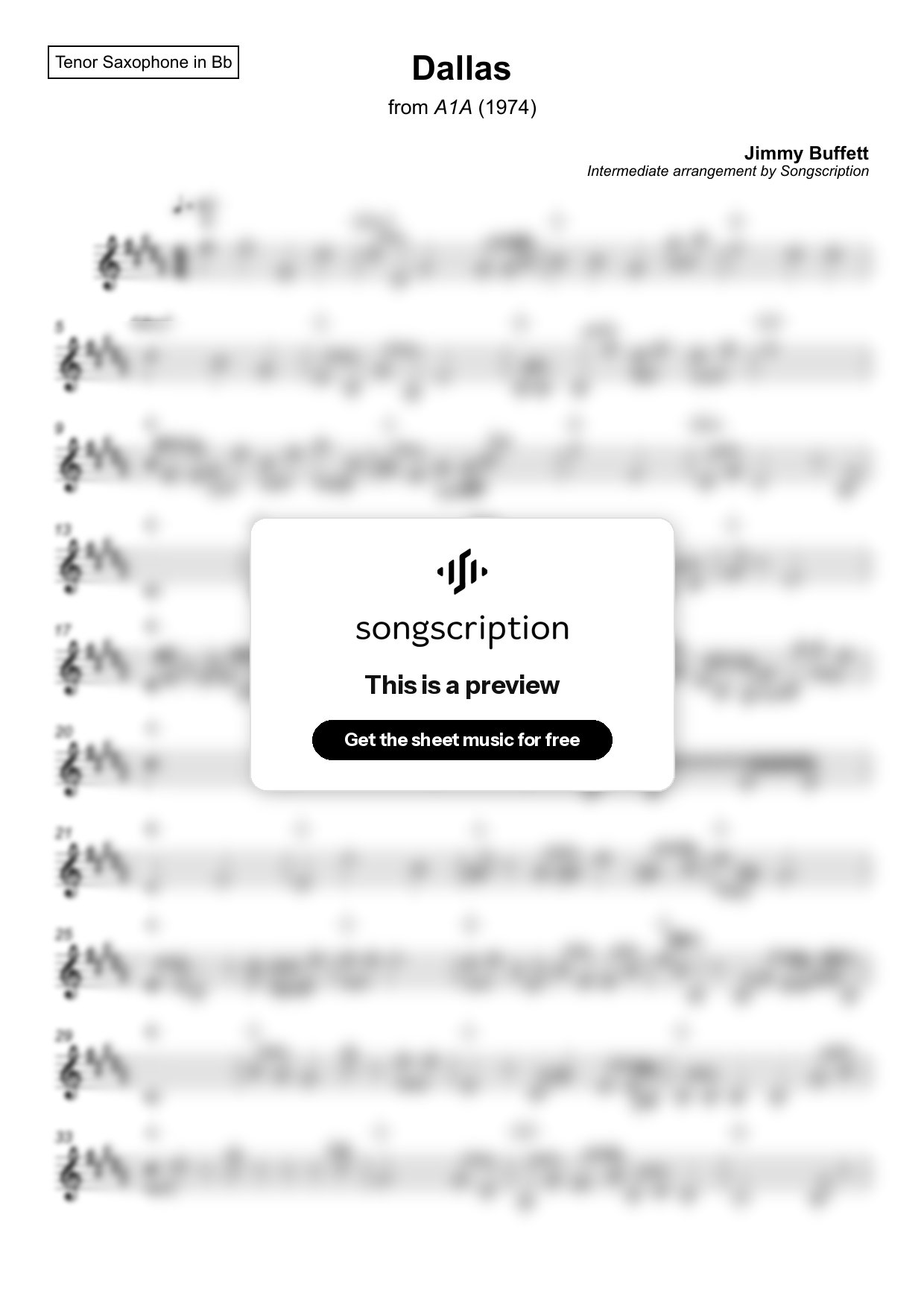 Intermediate Tenor Sax Sheet Music for "Dallas" by Jimmy Buffett