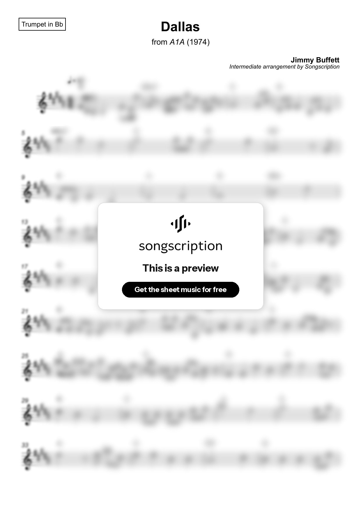 Intermediate Trumpet Sheet Music for "Dallas" by Jimmy Buffett
