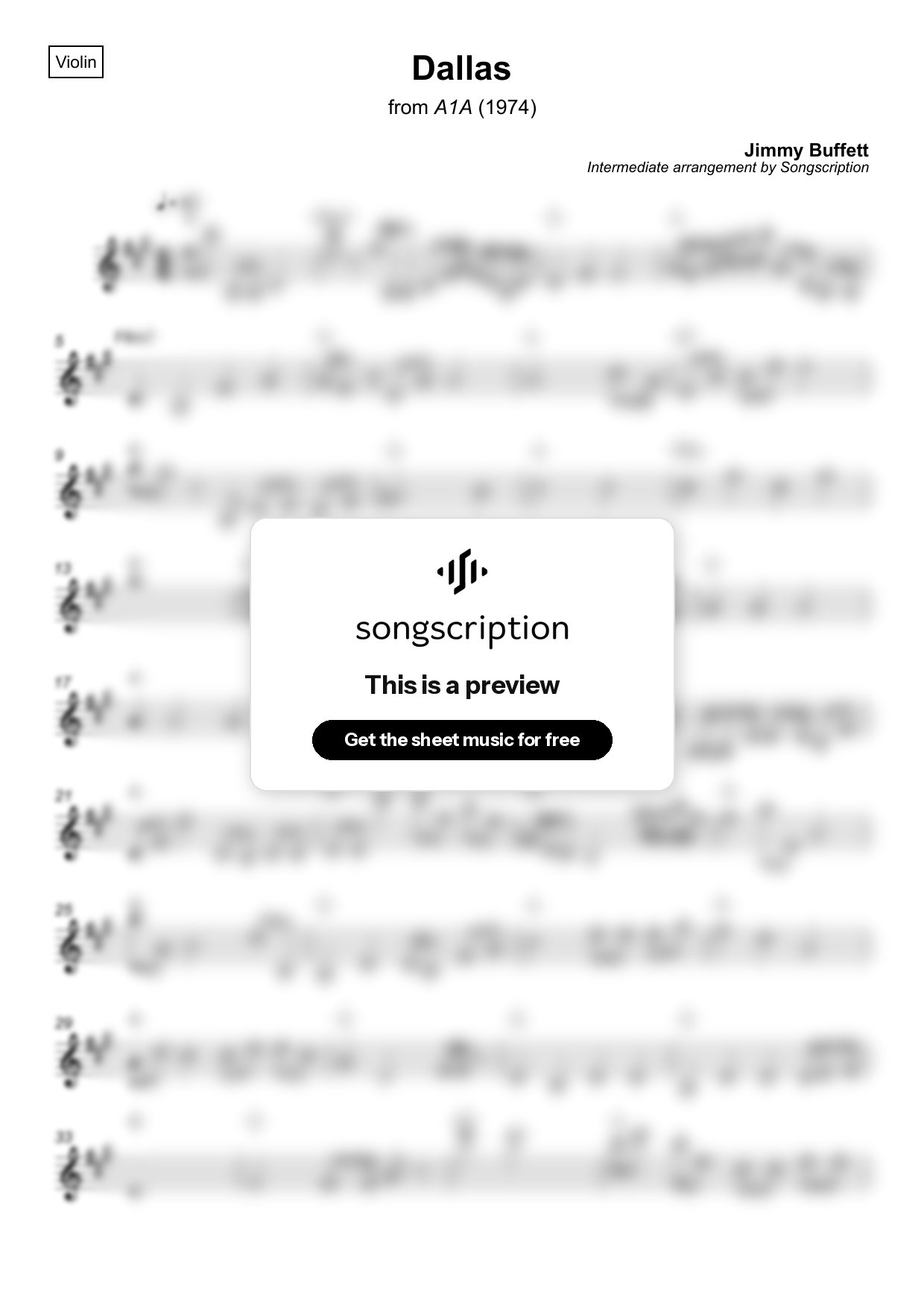 Intermediate Violin Sheet Music for "Dallas" by Jimmy Buffett