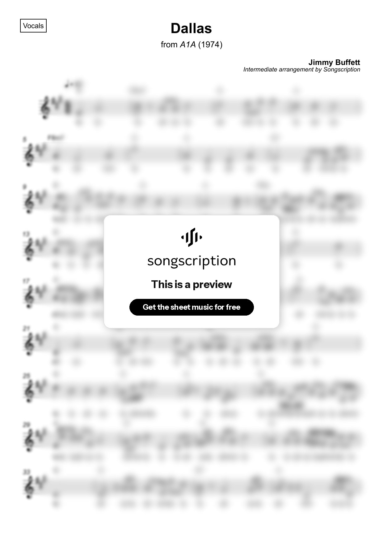 Intermediate Vocals Sheet Music for "Dallas" by Jimmy Buffett