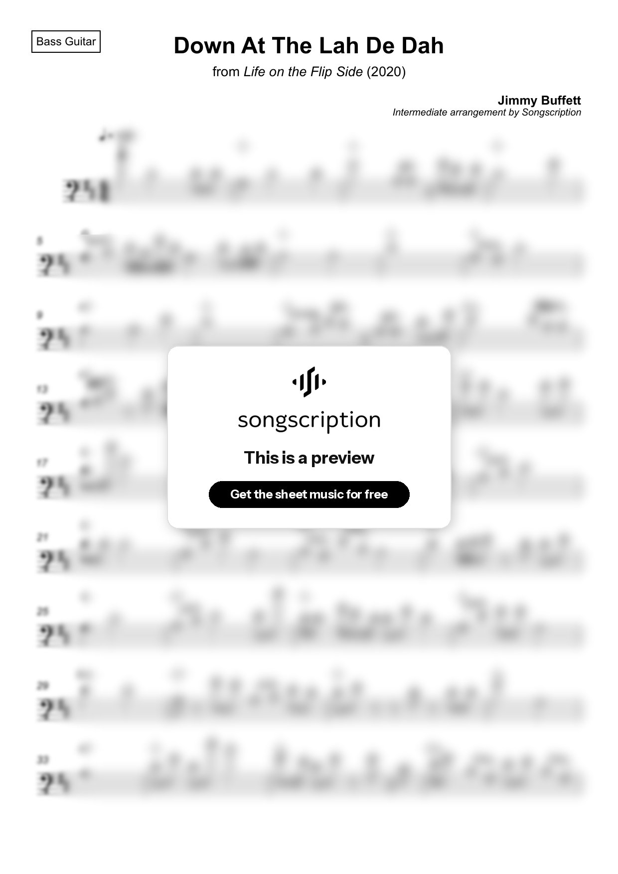 Intermediate Bass Guitar Sheet Music for "Down At The Lah De Dah" by Jimmy Buffett