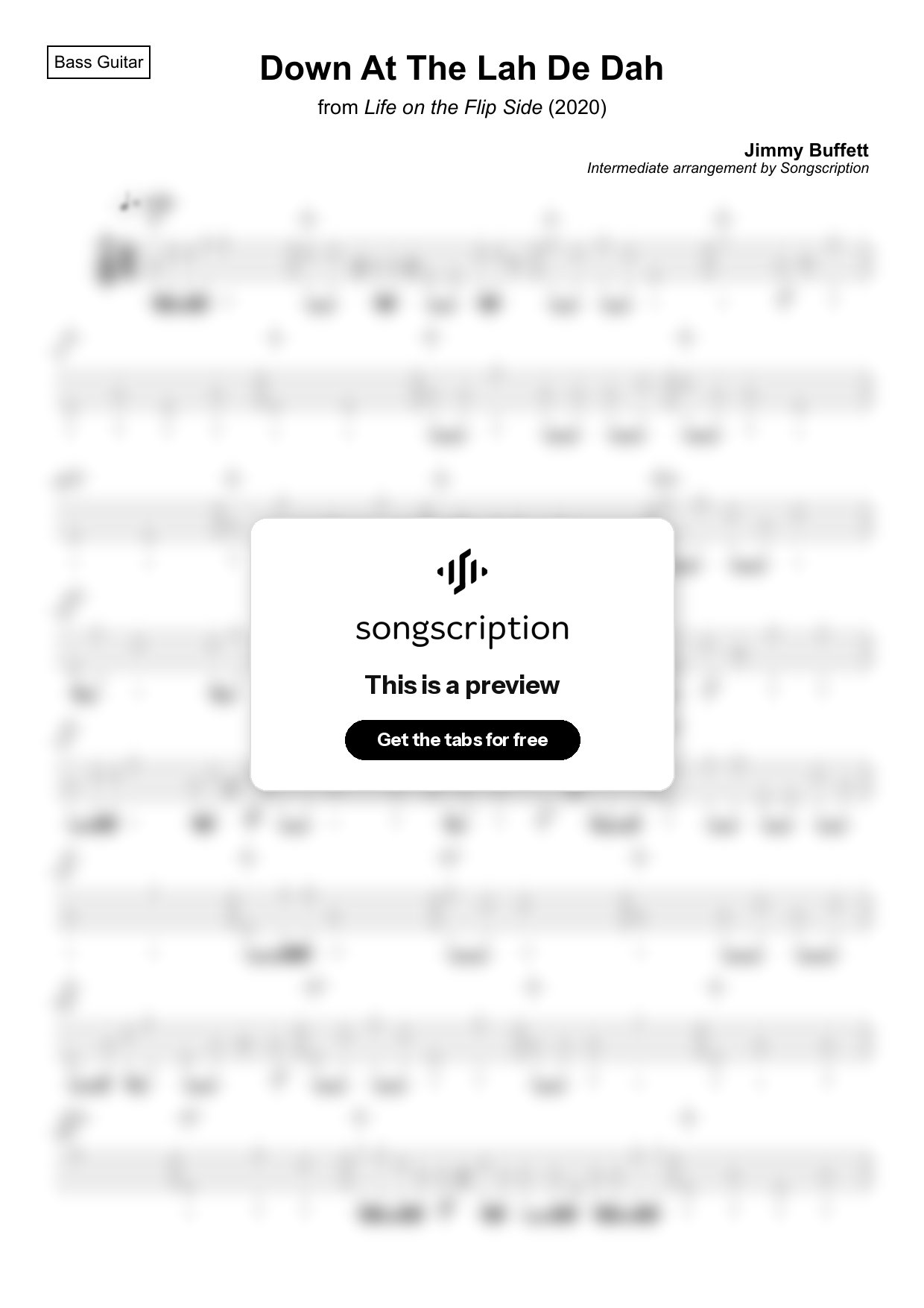 Intermediate Bass Guitar Tabs for "Down At The Lah De Dah" by Jimmy Buffett