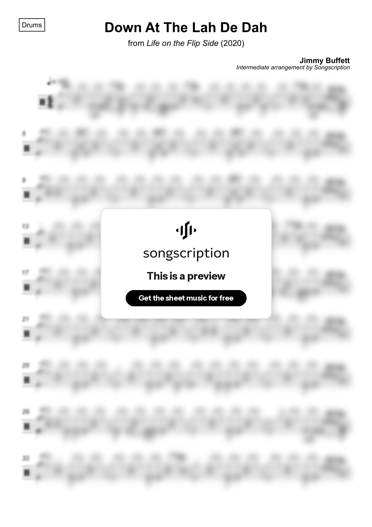 Intermediate Drums Sheet Music for "Down At The Lah De Dah" by Jimmy Buffett