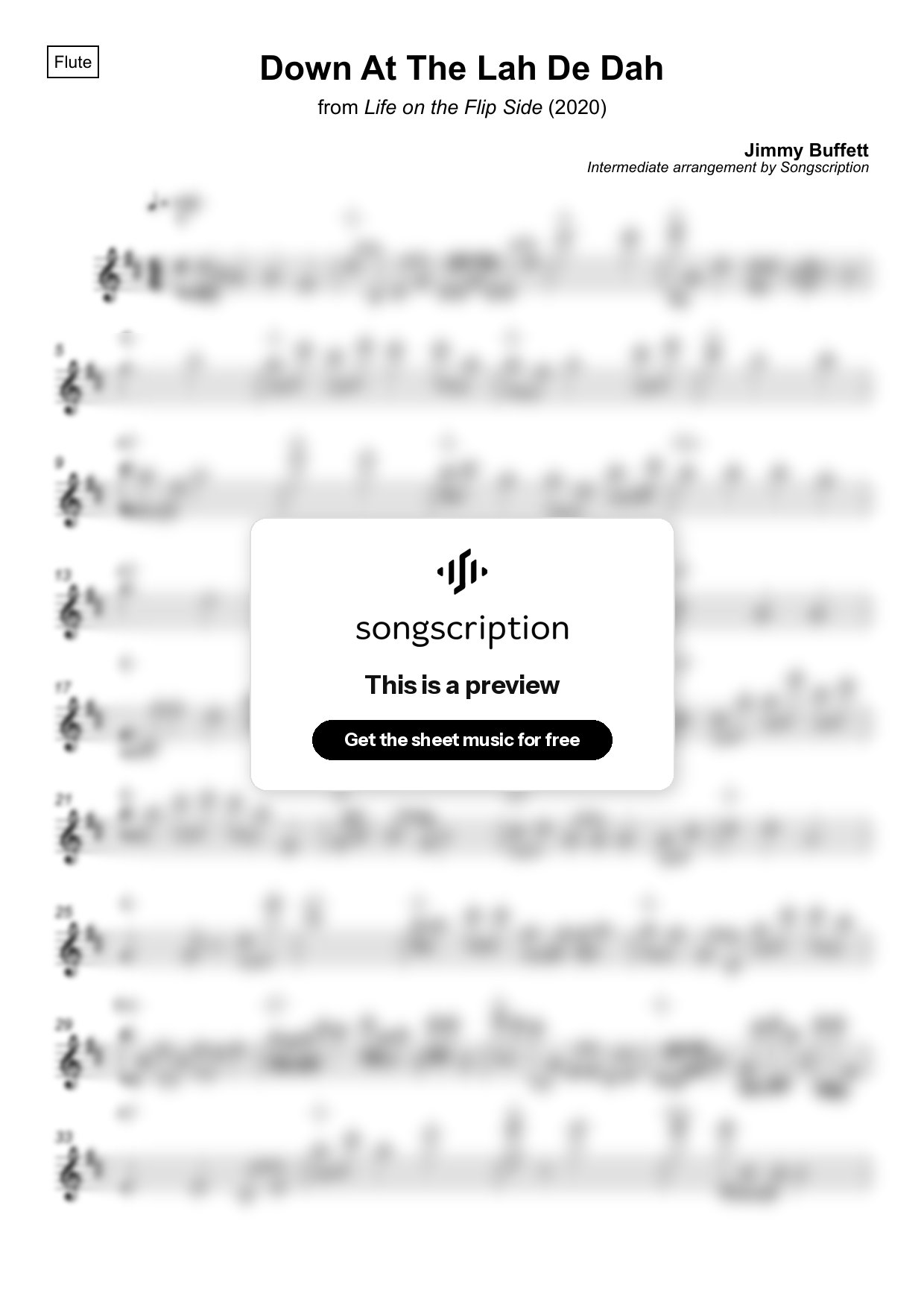 Intermediate Flute Sheet Music for "Down At The Lah De Dah" by Jimmy Buffett