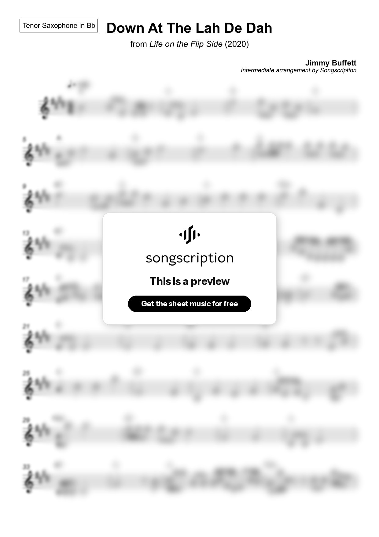 Intermediate Tenor Sax Sheet Music for "Down At The Lah De Dah" by Jimmy Buffett