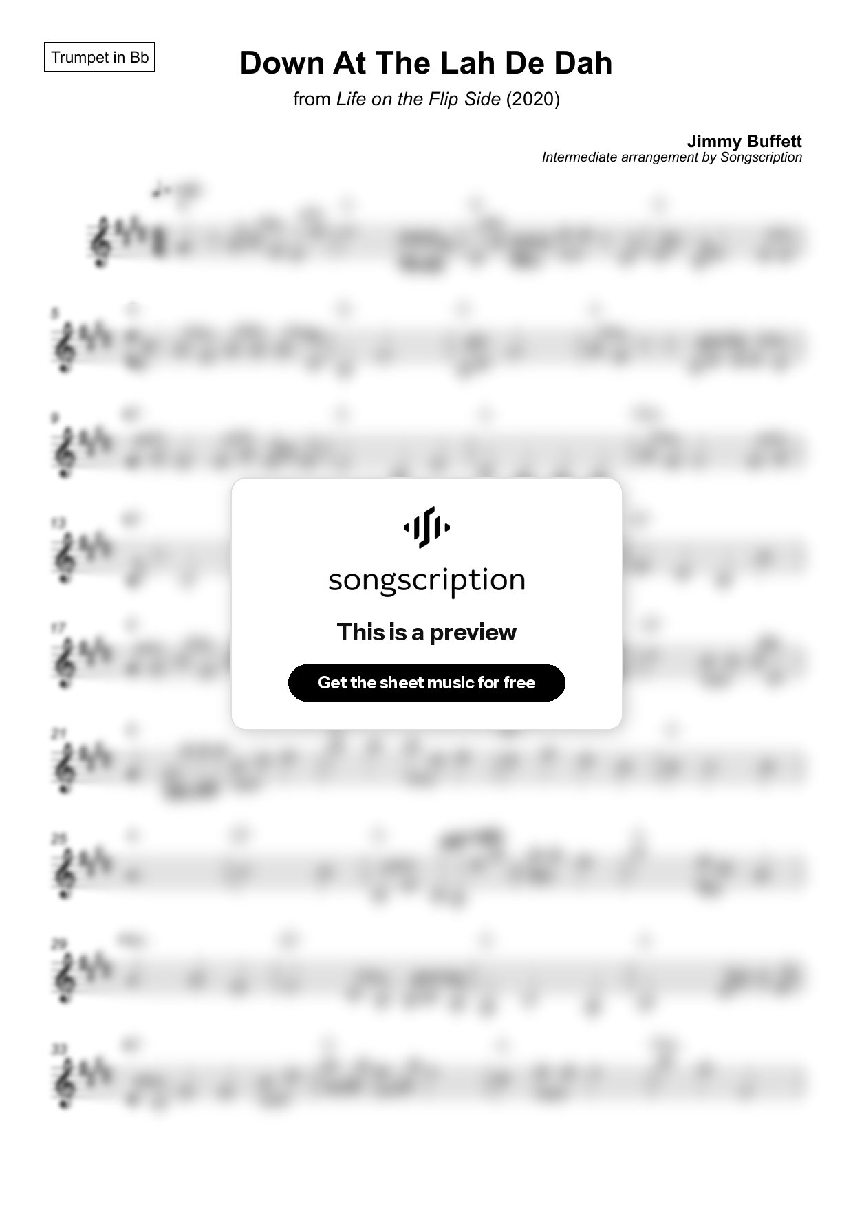 Intermediate Trumpet Sheet Music for "Down At The Lah De Dah" by Jimmy Buffett