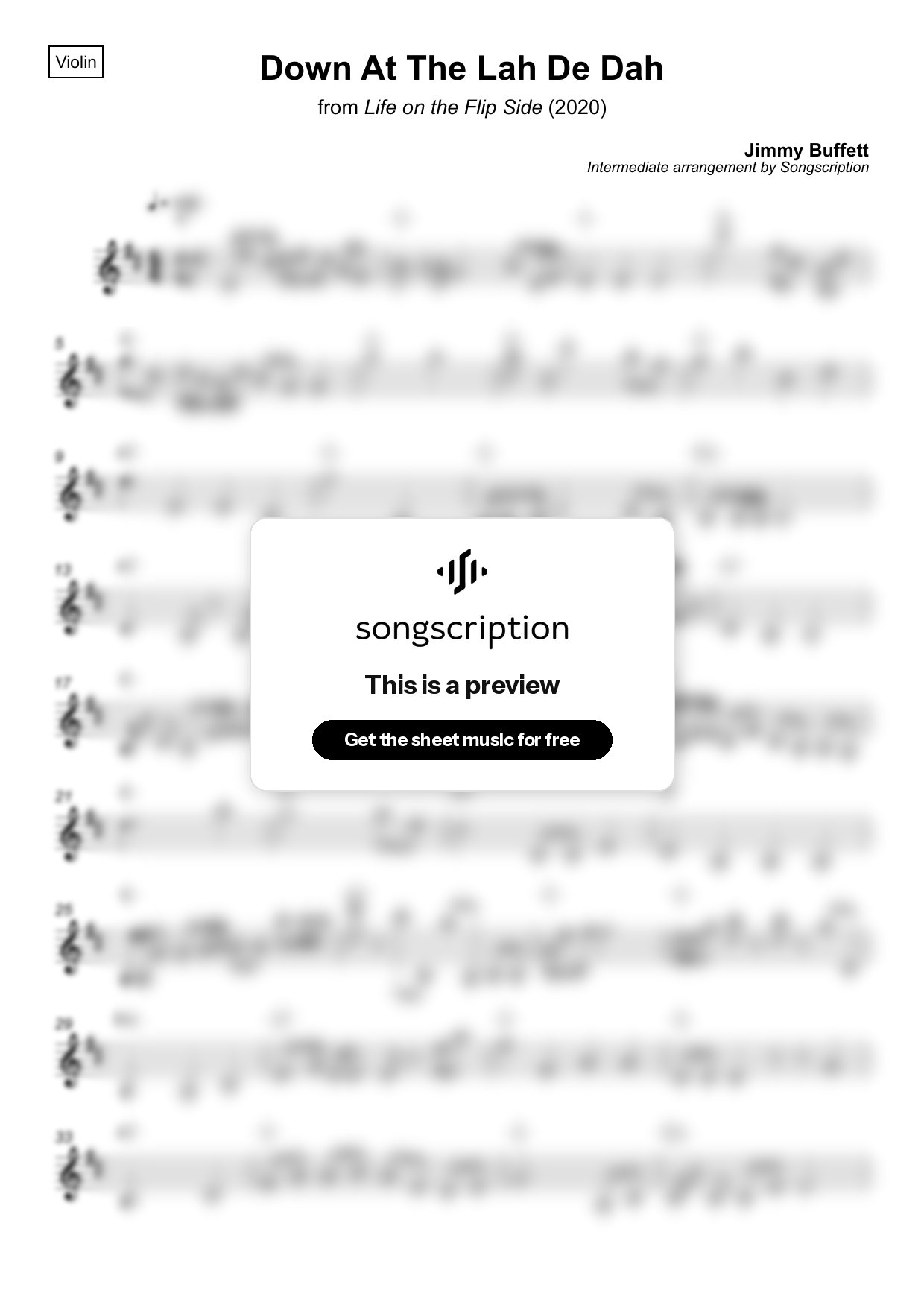Intermediate Violin Sheet Music for "Down At The Lah De Dah" by Jimmy Buffett