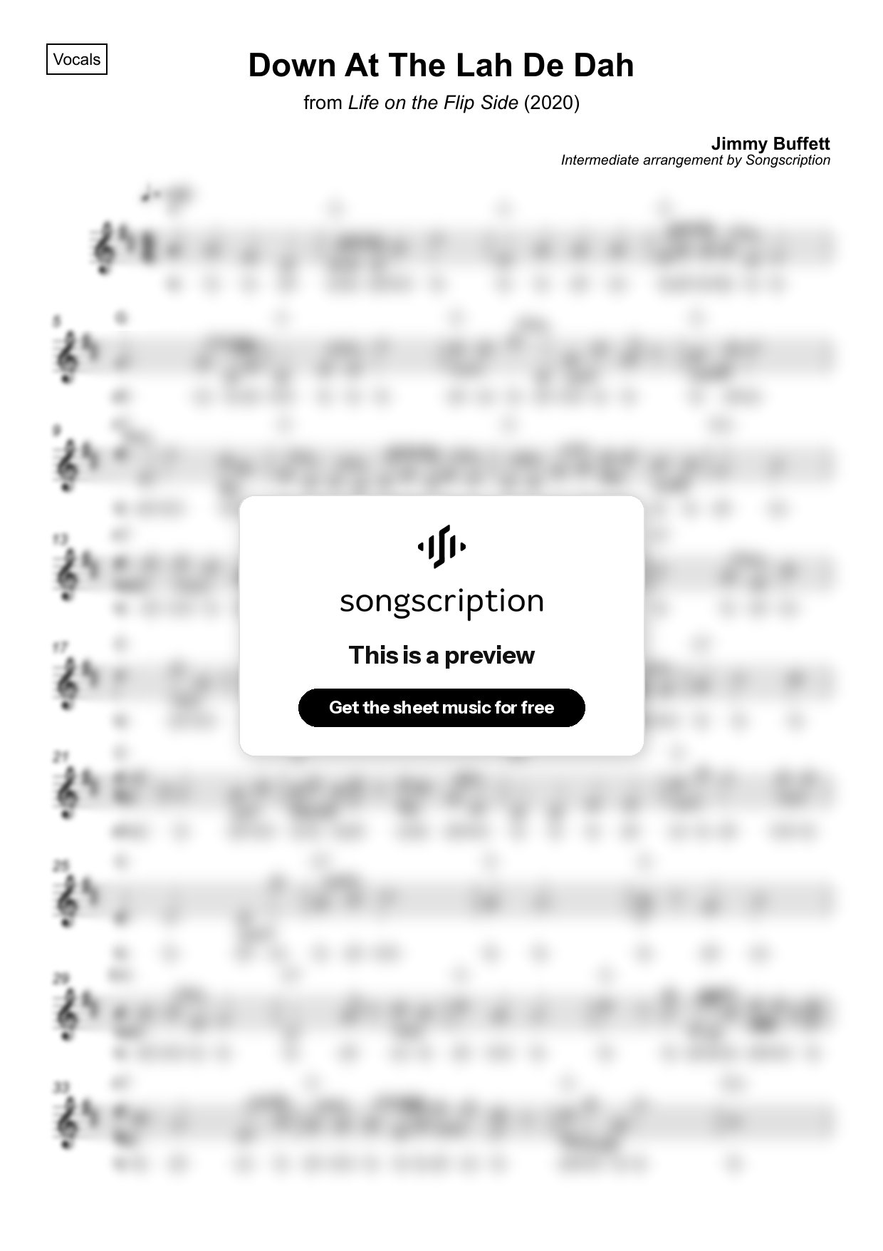 Intermediate Vocals Sheet Music for "Down At The Lah De Dah" by Jimmy Buffett