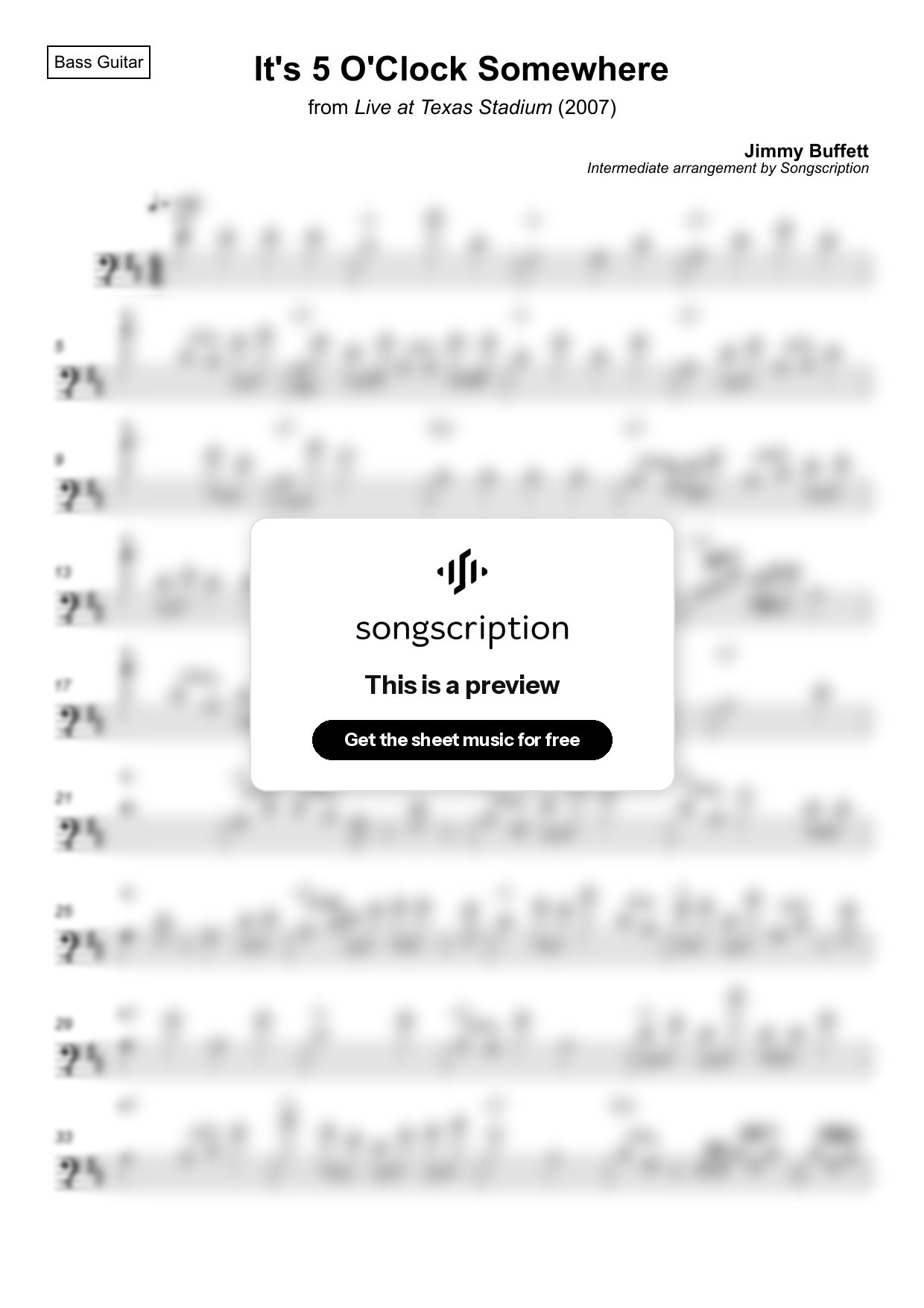 Intermediate Bass Guitar Sheet Music for "It's 5 O'Clock Somewhere" by Jimmy Buffett