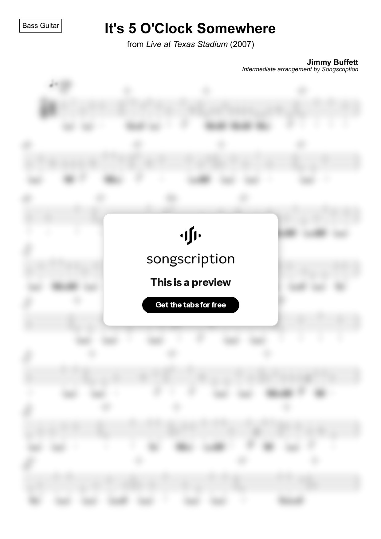 Intermediate Bass Guitar Tabs for "It's 5 O'Clock Somewhere" by Jimmy Buffett