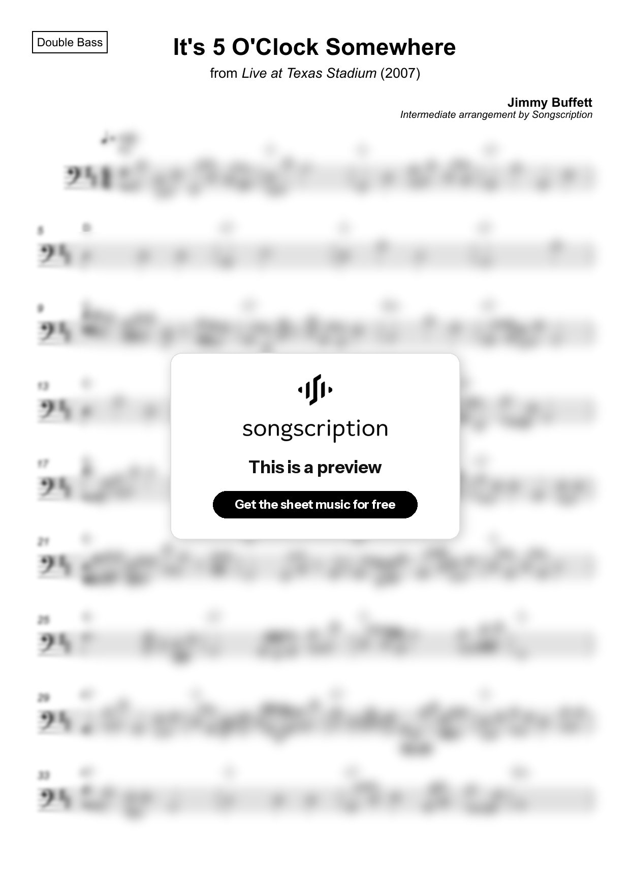 Intermediate Double Bass Sheet Music for "It's 5 O'Clock Somewhere" by Jimmy Buffett