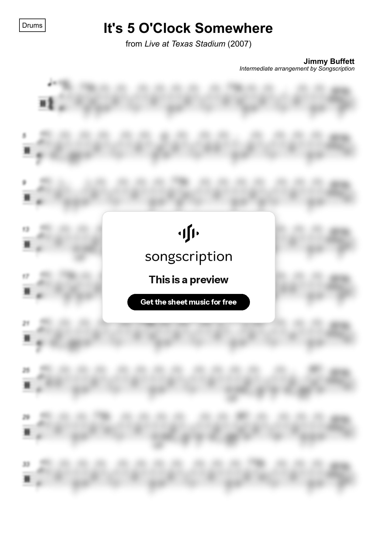 Intermediate Drums Sheet Music for "It's 5 O'Clock Somewhere" by Jimmy Buffett