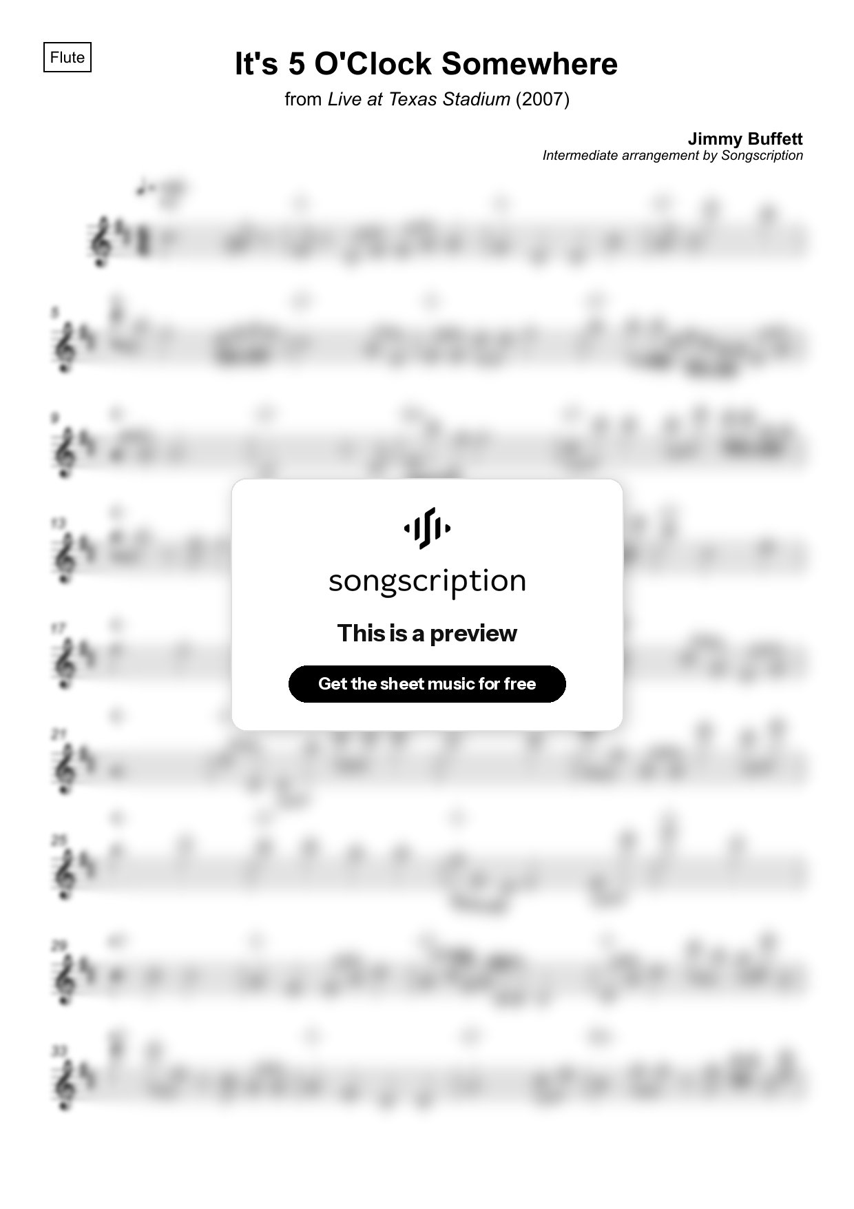 Intermediate Flute Sheet Music for "It's 5 O'Clock Somewhere" by Jimmy Buffett