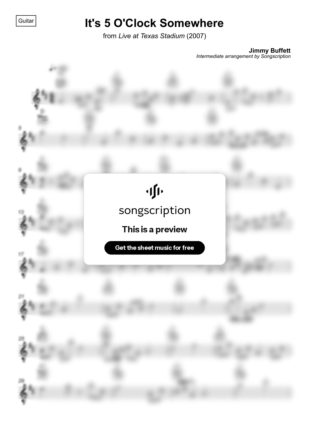 Intermediate Acoustic Guitar Sheet Music for "It's 5 O'Clock Somewhere" by Jimmy Buffett