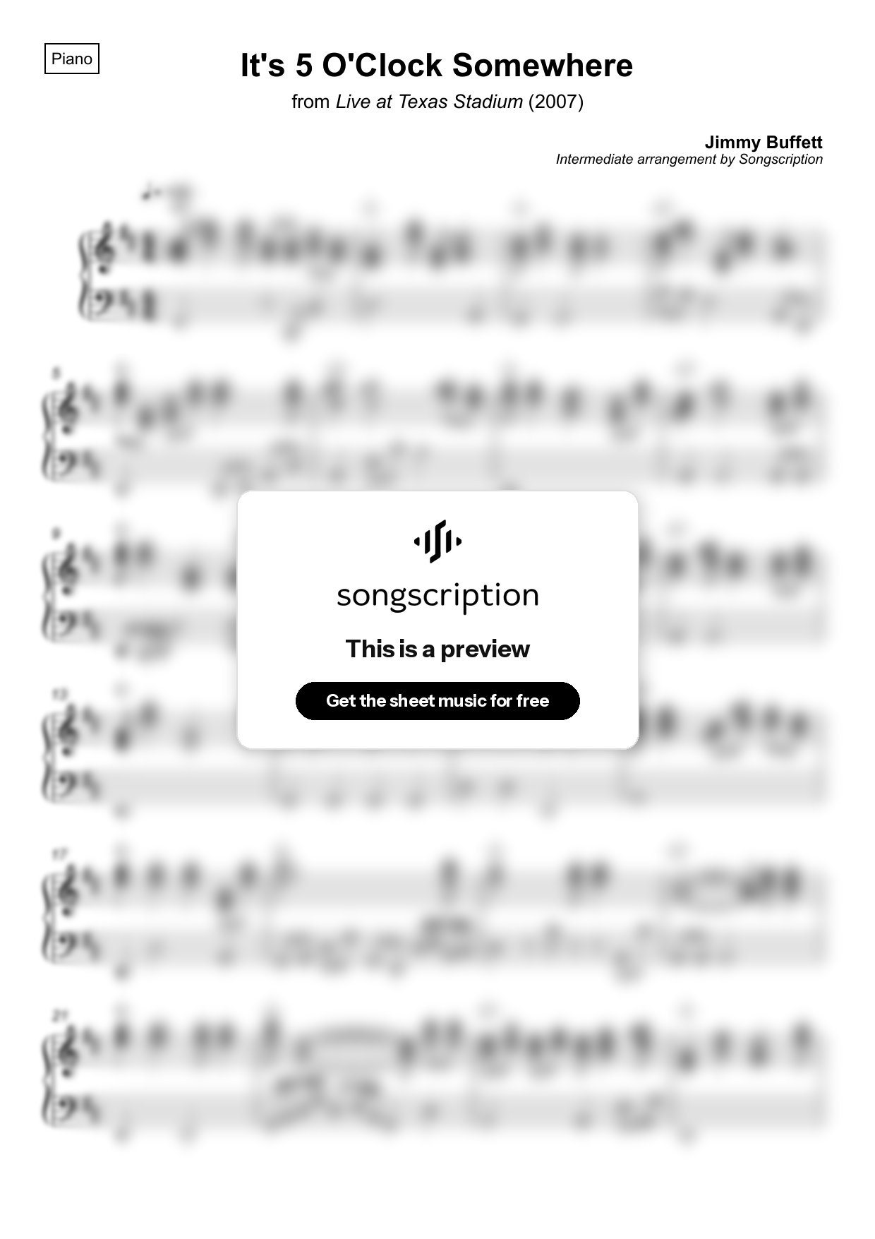 Intermediate Piano Sheet Music for "It's 5 O'Clock Somewhere" by Jimmy Buffett