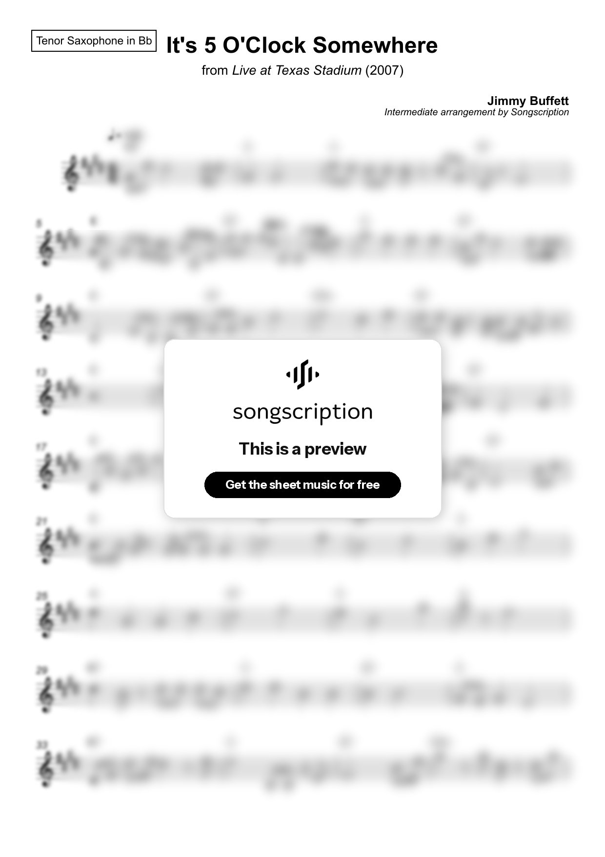 Intermediate Tenor Sax Sheet Music for "It's 5 O'Clock Somewhere" by Jimmy Buffett