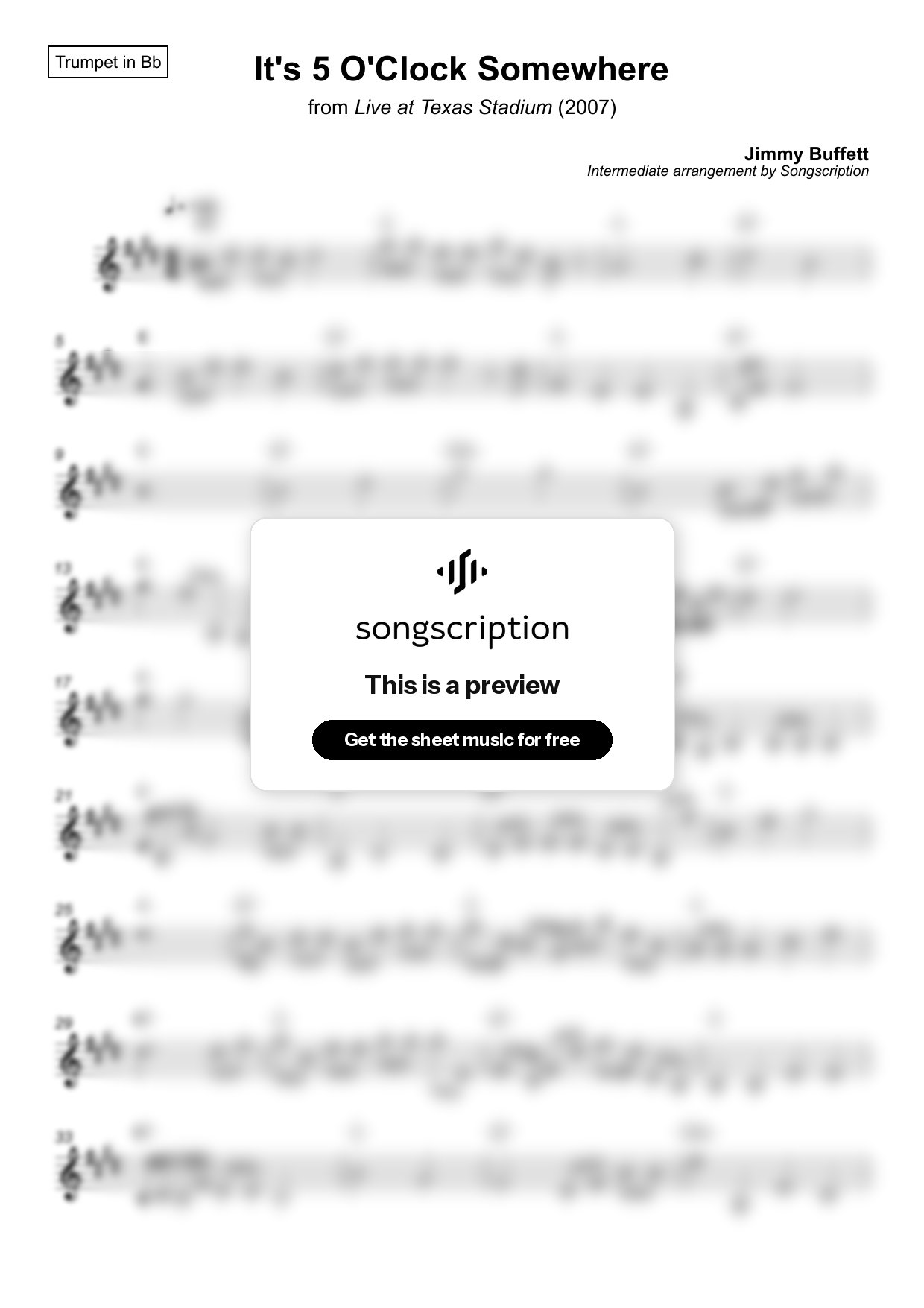 Intermediate Trumpet Sheet Music for "It's 5 O'Clock Somewhere" by Jimmy Buffett