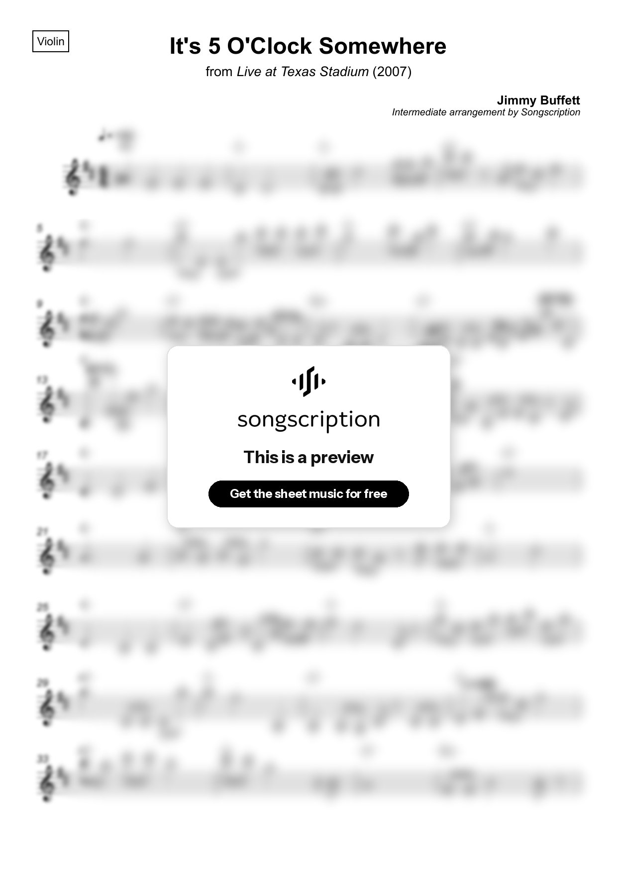 Intermediate Violin Sheet Music for "It's 5 O'Clock Somewhere" by Jimmy Buffett