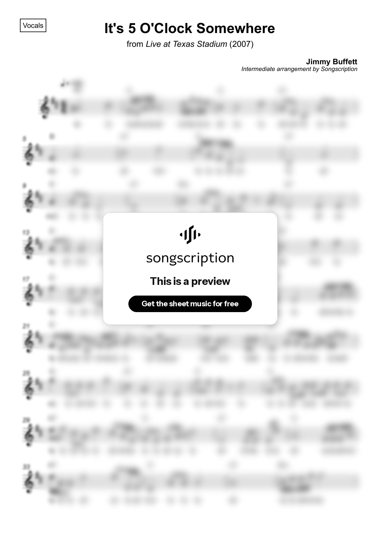 Intermediate Vocals Sheet Music for "It's 5 O'Clock Somewhere" by Jimmy Buffett