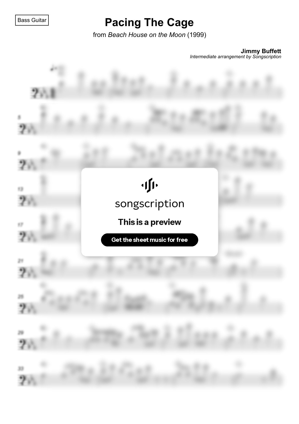 Intermediate Bass Guitar Sheet Music for "Pacing The Cage" by Jimmy Buffett