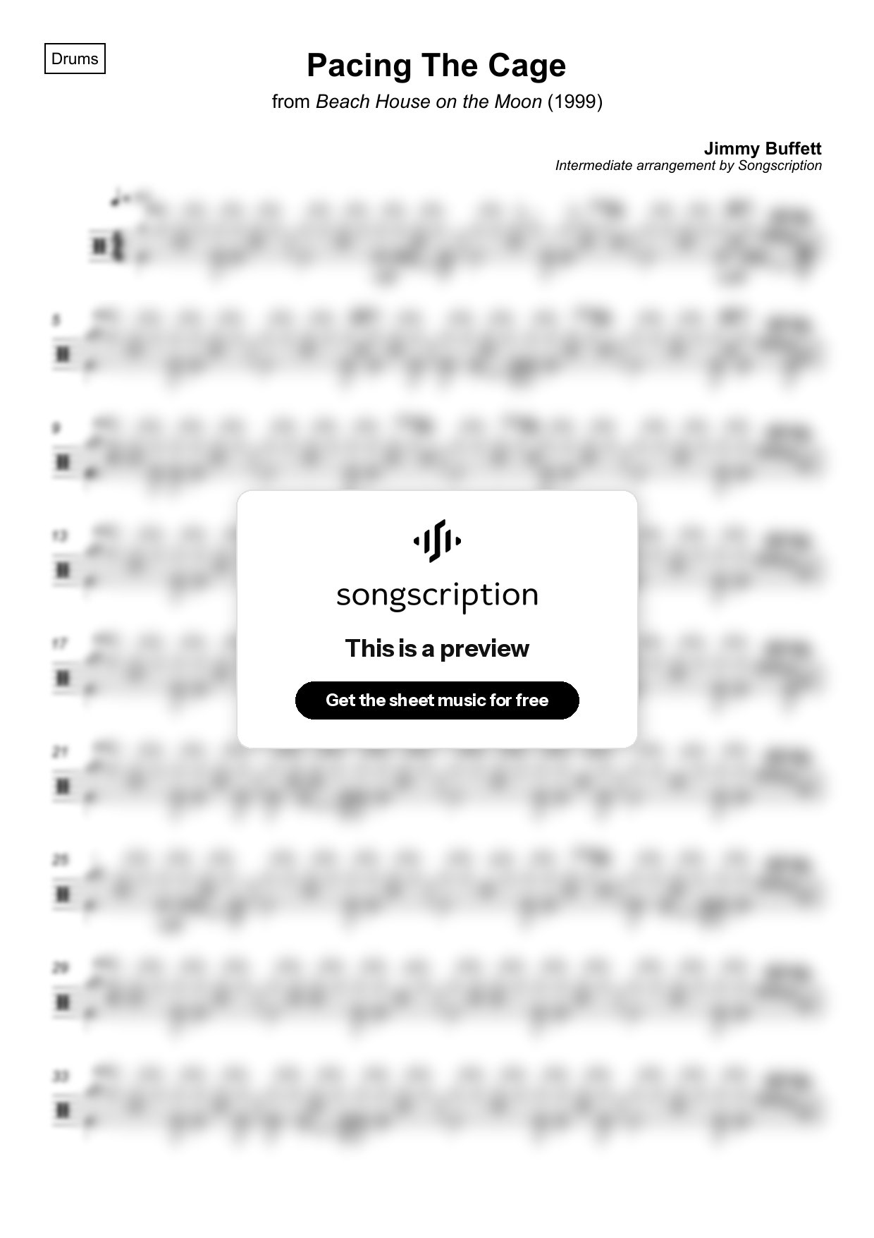 Intermediate Drums Sheet Music for "Pacing The Cage" by Jimmy Buffett