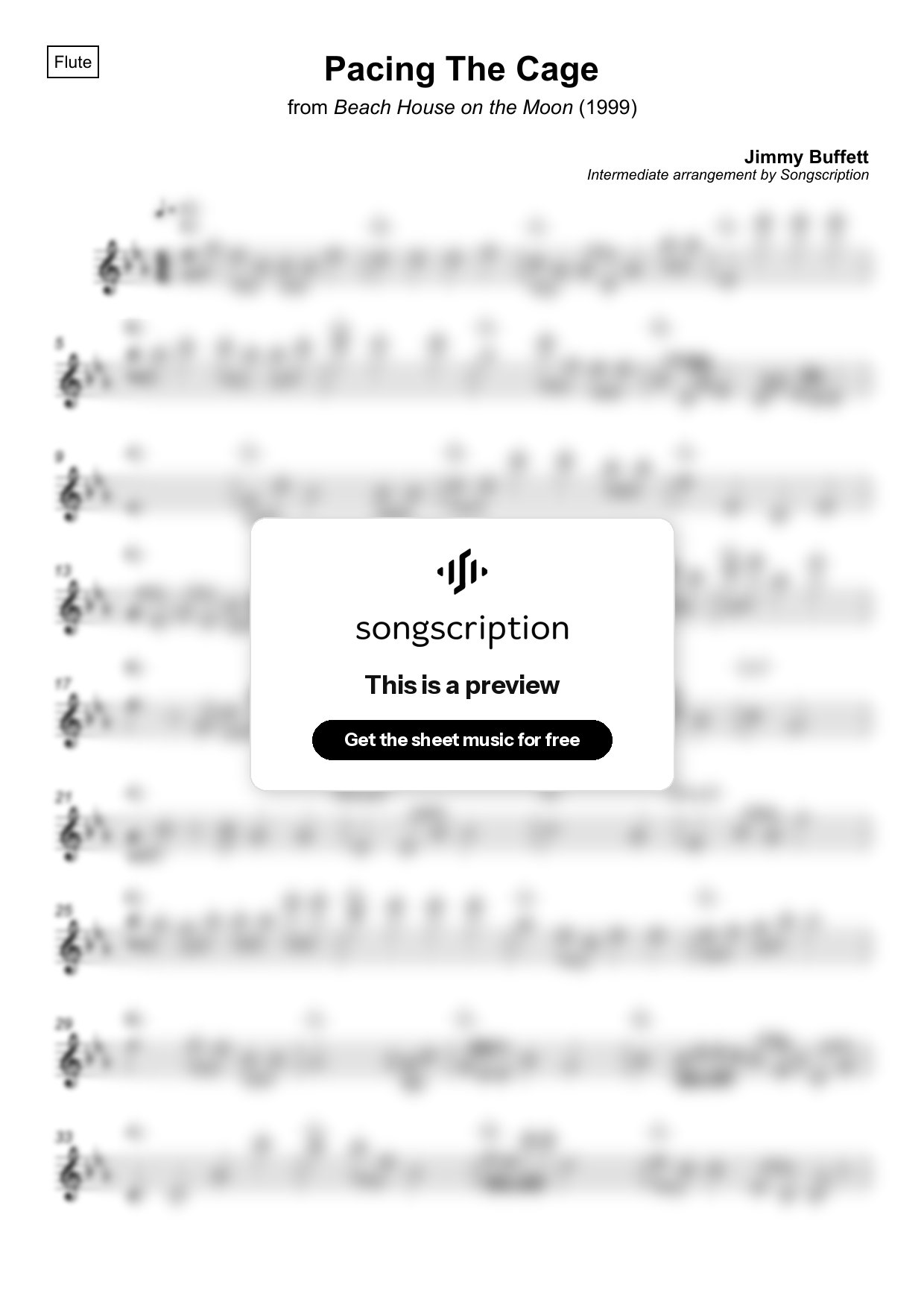 Intermediate Flute Sheet Music for "Pacing The Cage" by Jimmy Buffett