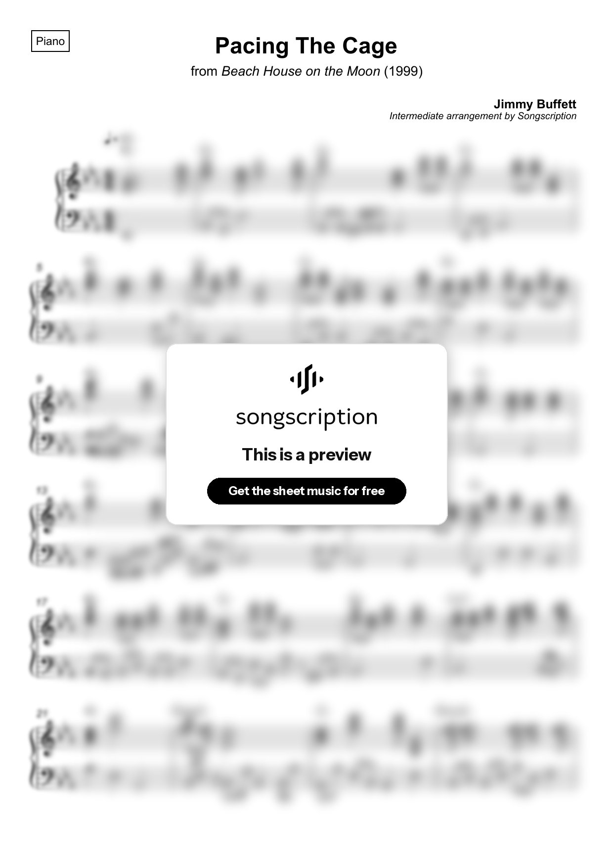 Intermediate Piano Sheet Music for "Pacing The Cage" by Jimmy Buffett