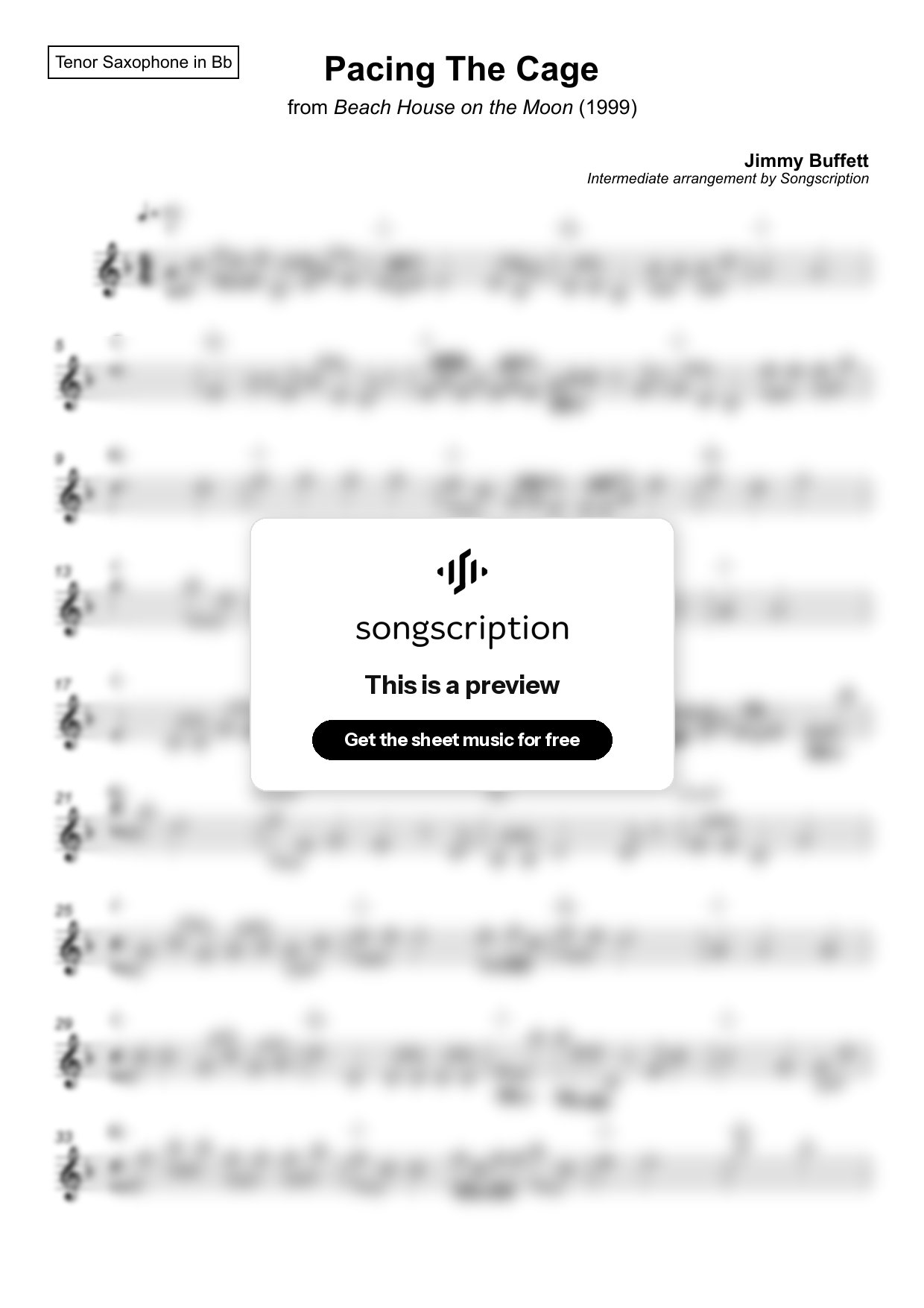 Intermediate Tenor Sax Sheet Music for "Pacing The Cage" by Jimmy Buffett