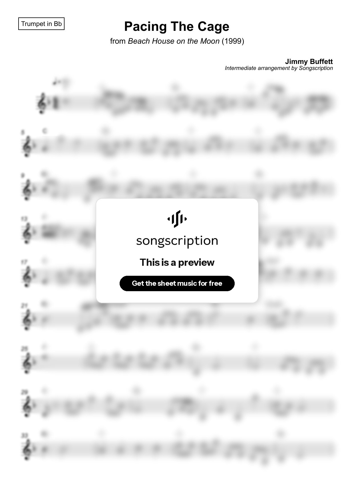 Intermediate Trumpet Sheet Music for "Pacing The Cage" by Jimmy Buffett