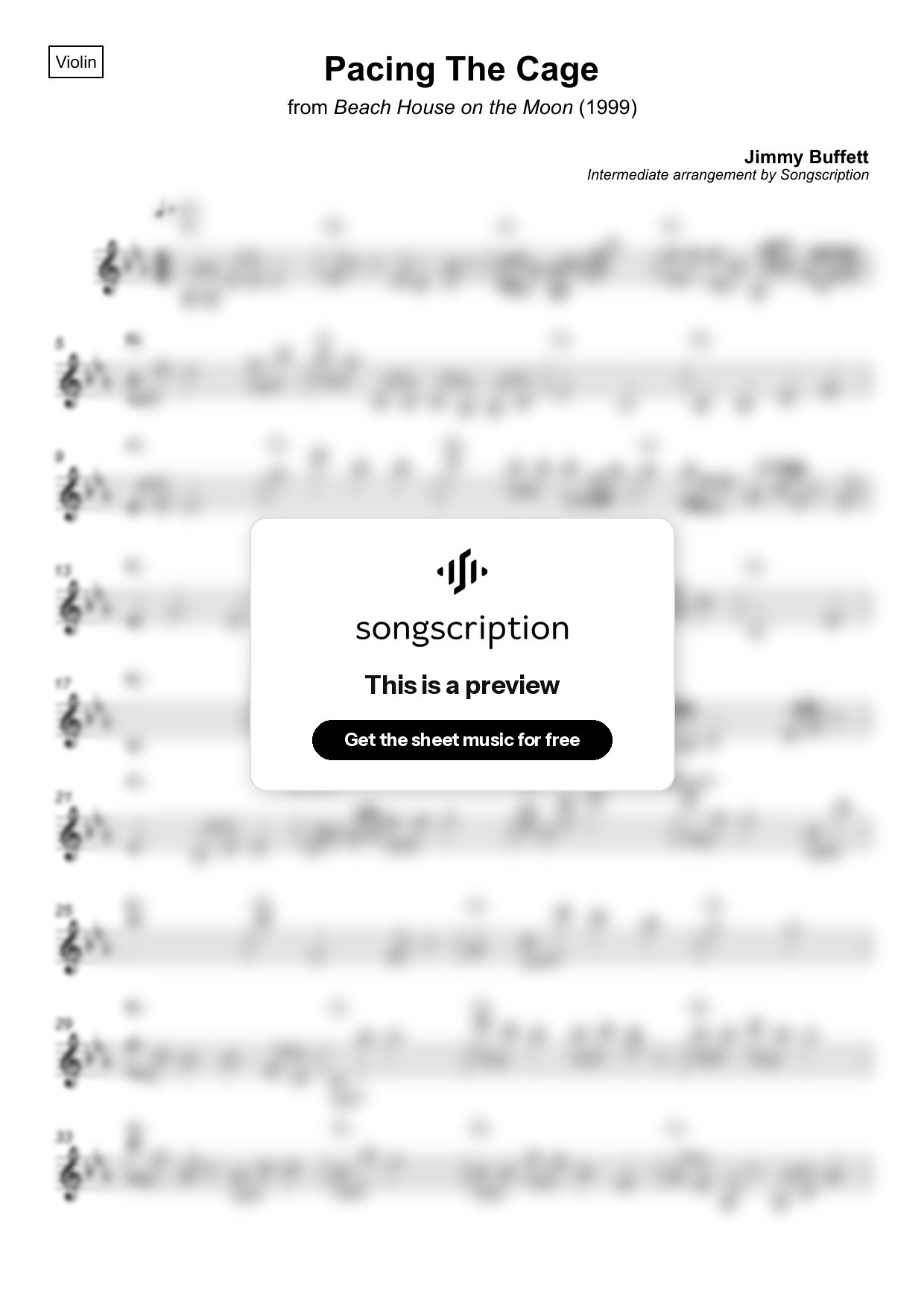Intermediate Violin Sheet Music for "Pacing The Cage" by Jimmy Buffett