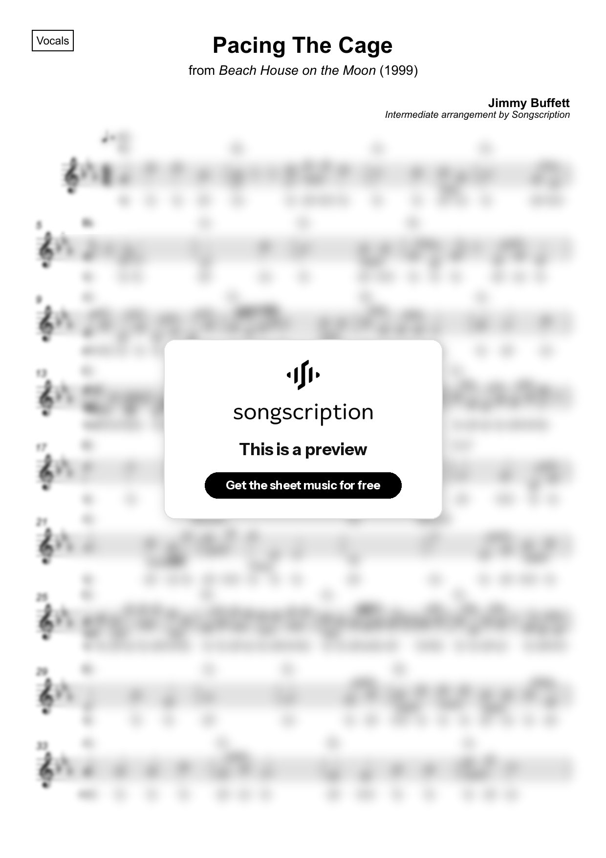 Intermediate Vocals Sheet Music for "Pacing The Cage" by Jimmy Buffett