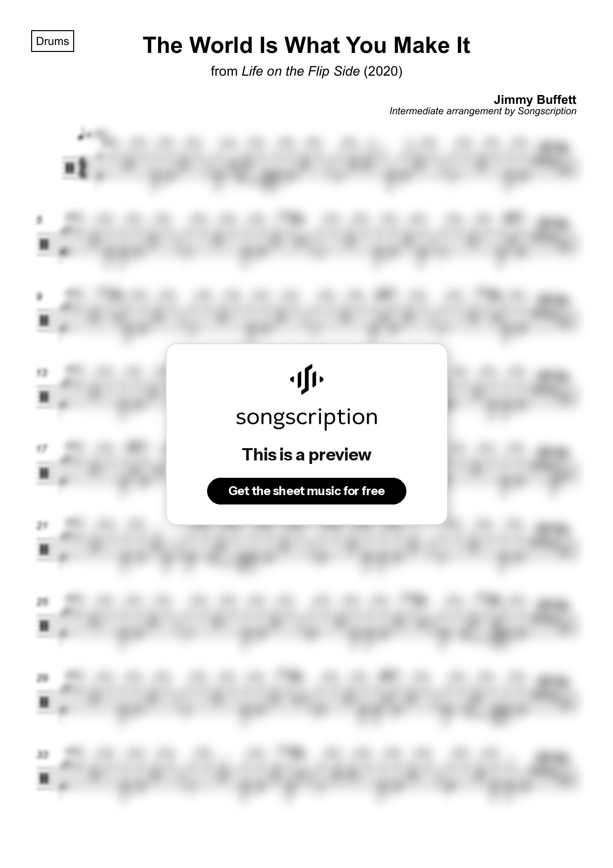 Intermediate Drums Sheet Music for "The World Is What You Make It" by Jimmy Buffett