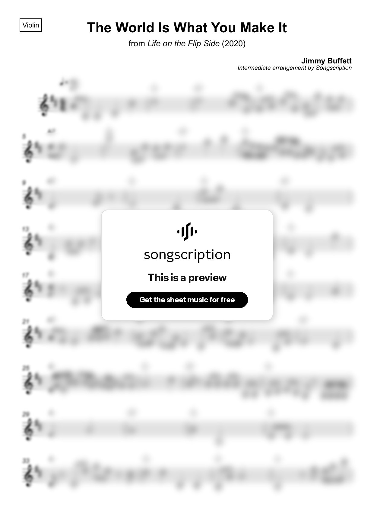 Intermediate Violin Sheet Music for "The World Is What You Make It" by Jimmy Buffett