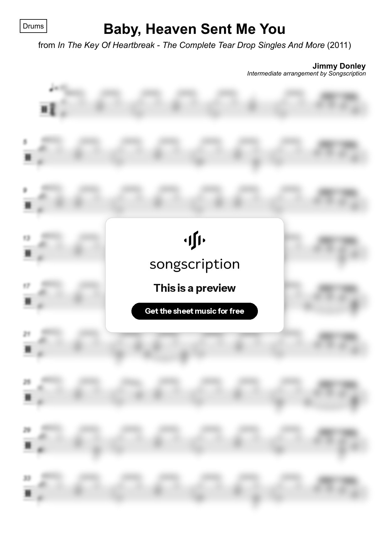 Intermediate Drums Sheet Music for "Baby, Heaven Sent Me You" by Jimmy Donley