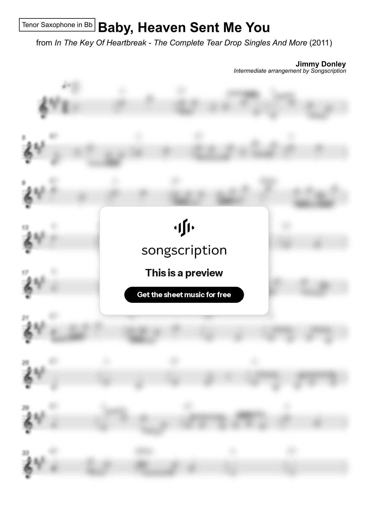 Intermediate Tenor Sax Sheet Music for "Baby, Heaven Sent Me You" by Jimmy Donley