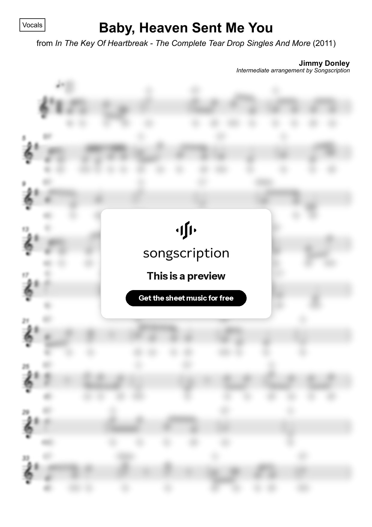 Intermediate Vocals Sheet Music for "Baby, Heaven Sent Me You" by Jimmy Donley