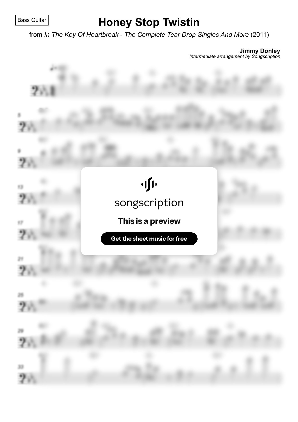 Intermediate Bass Guitar Sheet Music for "Honey Stop Twistin" by Jimmy Donley