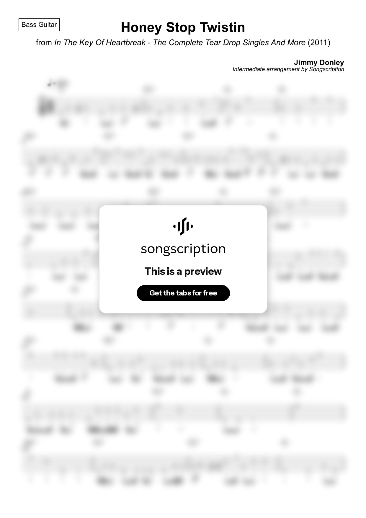 Intermediate Bass Guitar Tabs for "Honey Stop Twistin" by Jimmy Donley