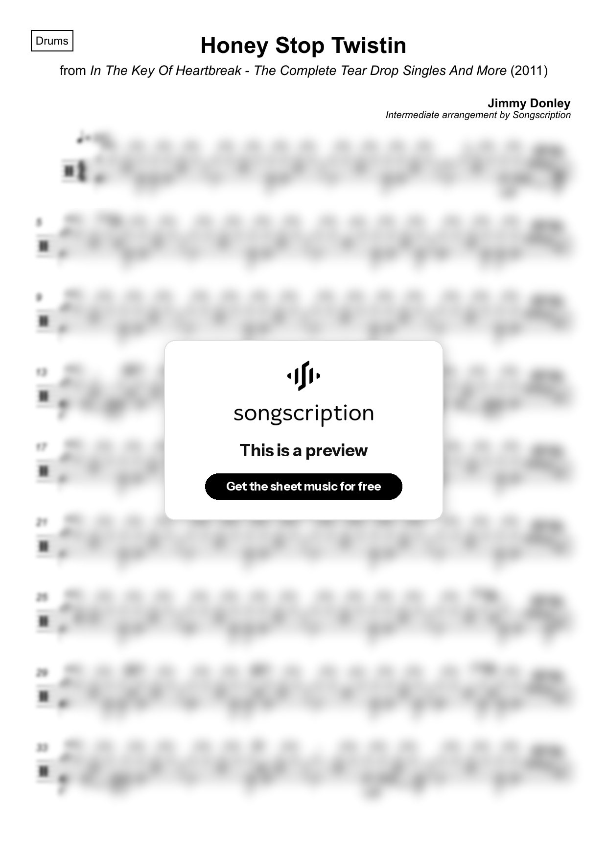 Intermediate Drums Sheet Music for "Honey Stop Twistin" by Jimmy Donley