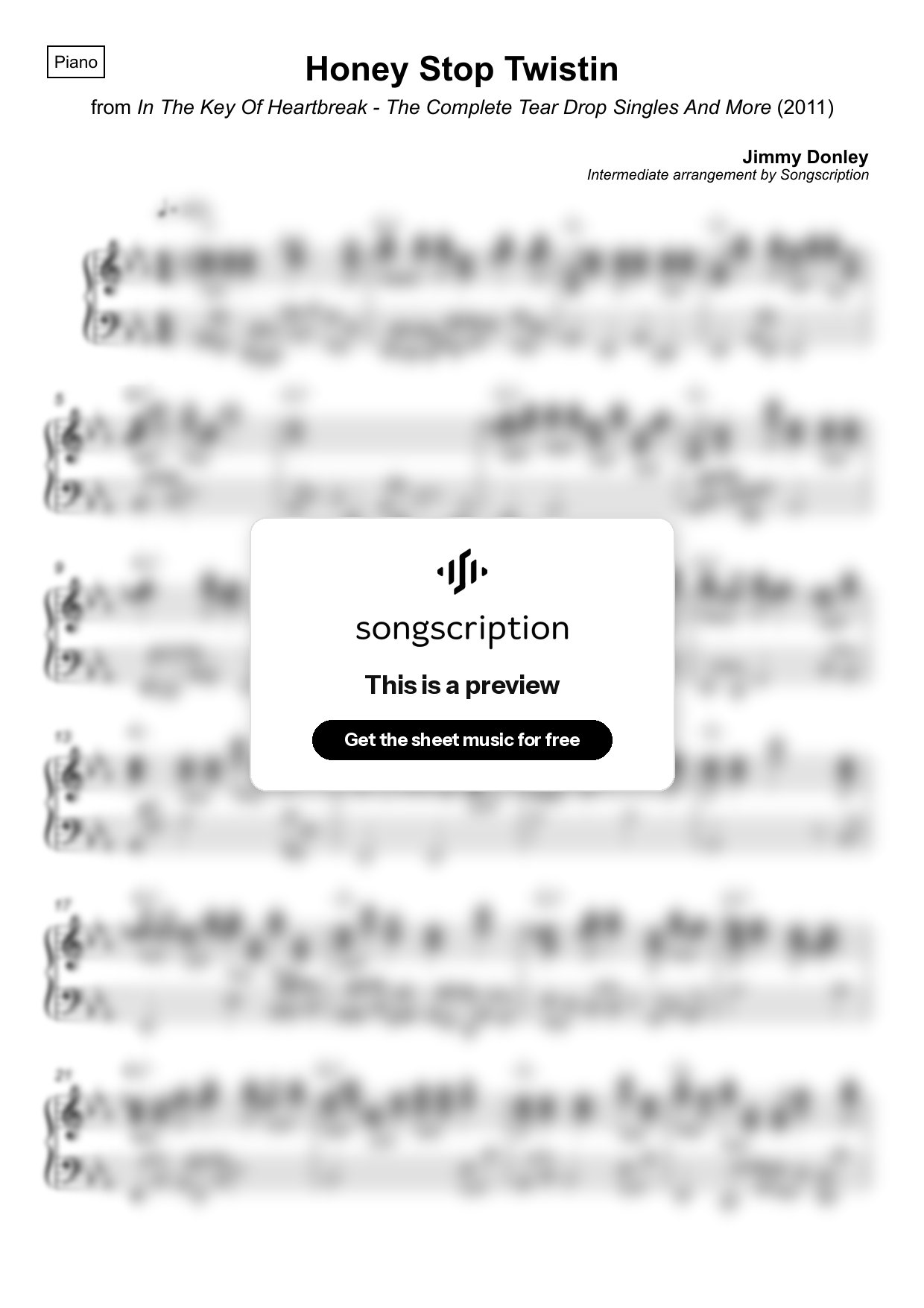 Intermediate Piano Sheet Music for "Honey Stop Twistin" by Jimmy Donley