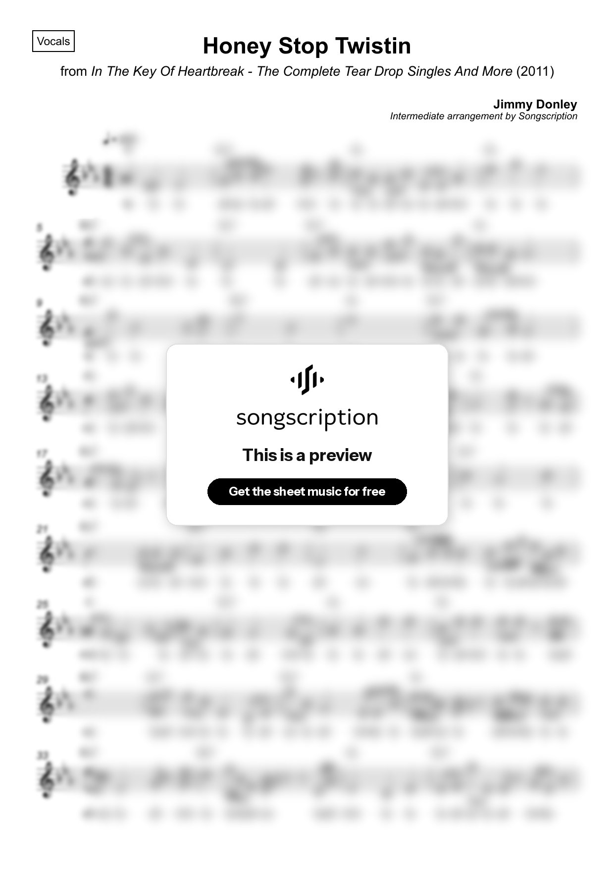 Intermediate Vocals Sheet Music for "Honey Stop Twistin" by Jimmy Donley