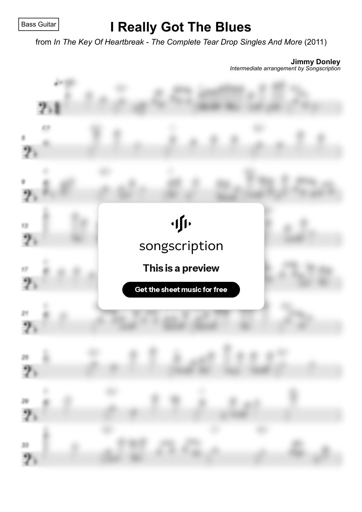 Intermediate Bass Guitar Sheet Music for "I Really Got The Blues" by Jimmy Donley