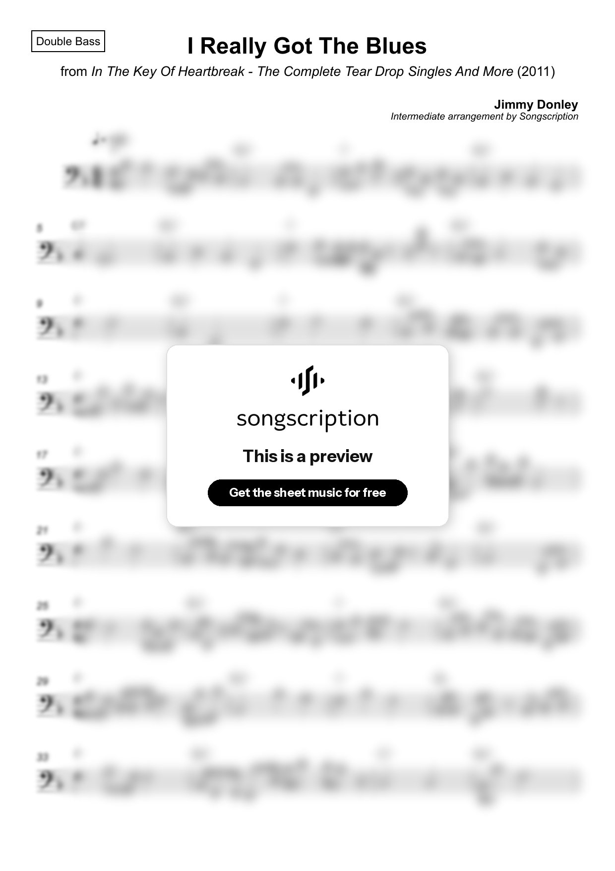 Intermediate Double Bass Sheet Music for "I Really Got The Blues" by Jimmy Donley